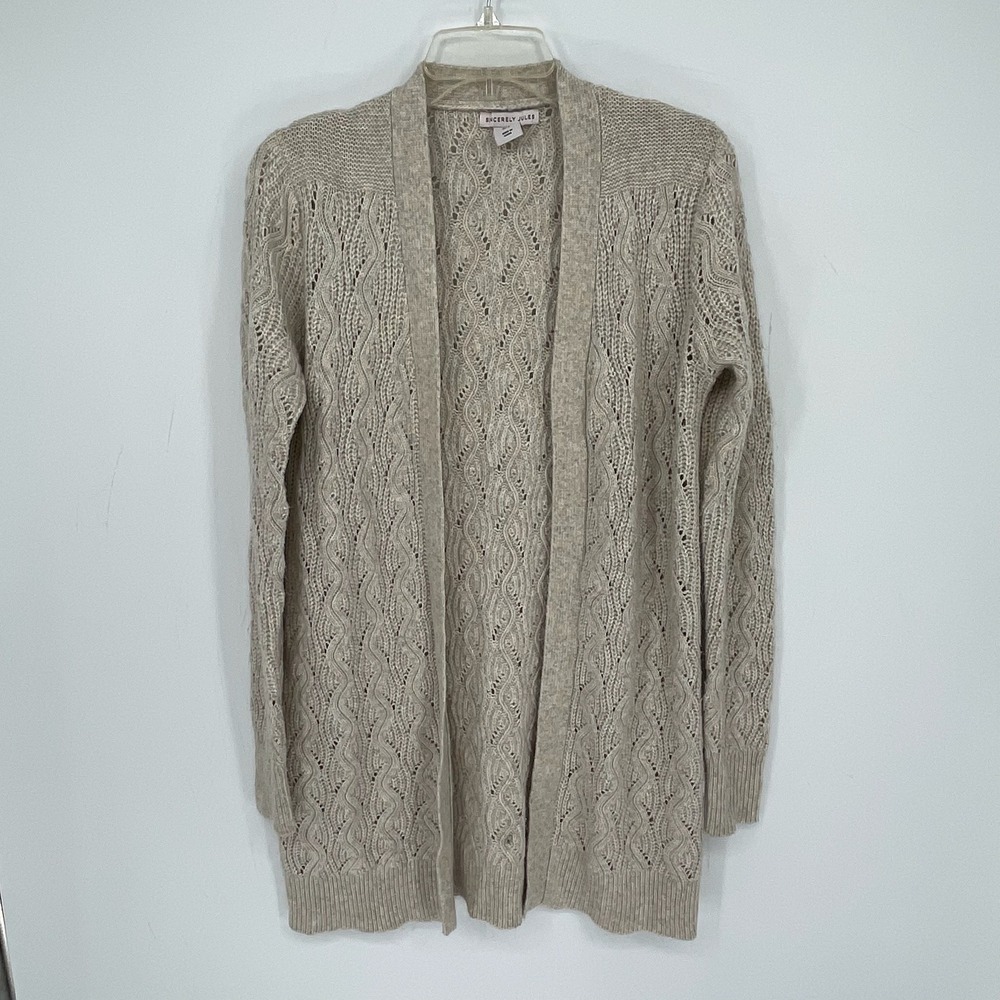 Sincerely Jules Women's Tan Pointelle Open Front Boho Cardigan Sweater Size S